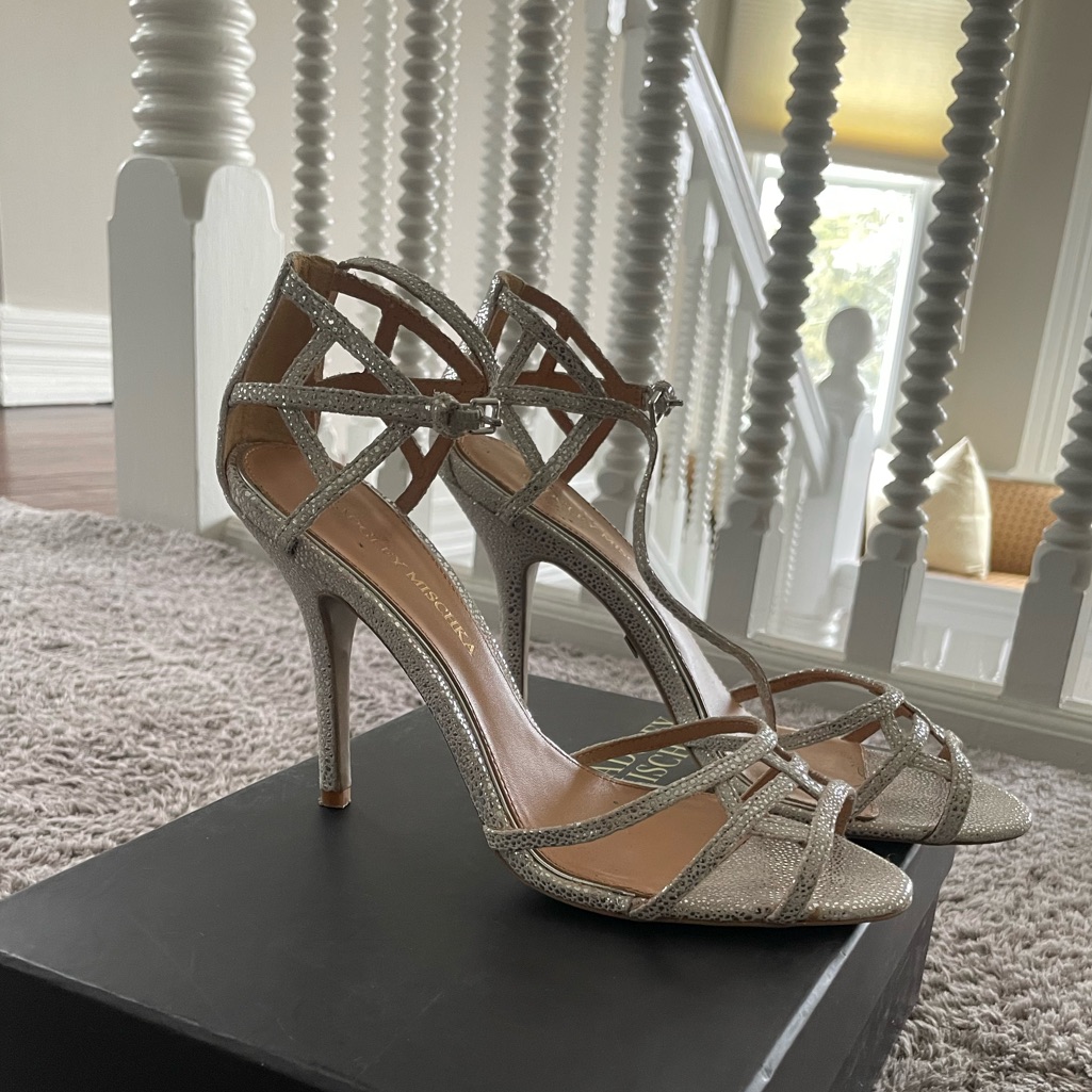 Badgley Mischka Silver Glitter Strappy High-Heel Sandals
